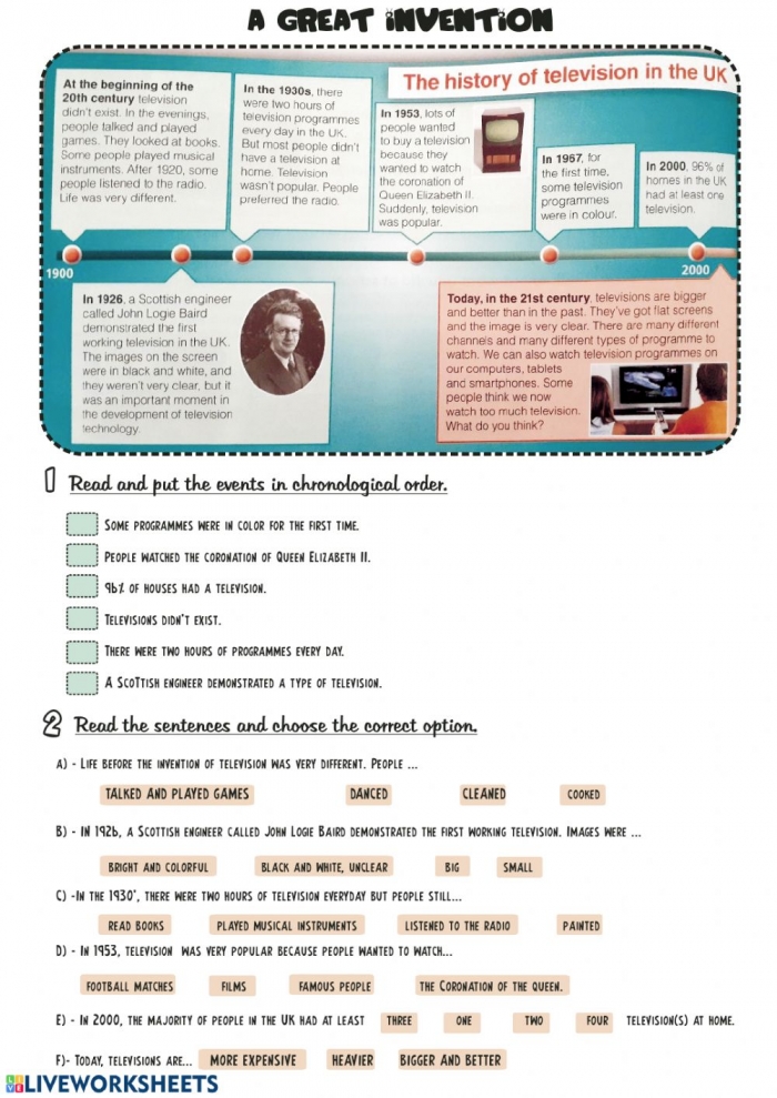 A Great Invention The History Of Television In Uk Worksheet