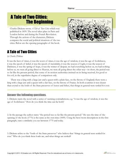 A Tale Of Two Cities Reading Comprehension Worksheet