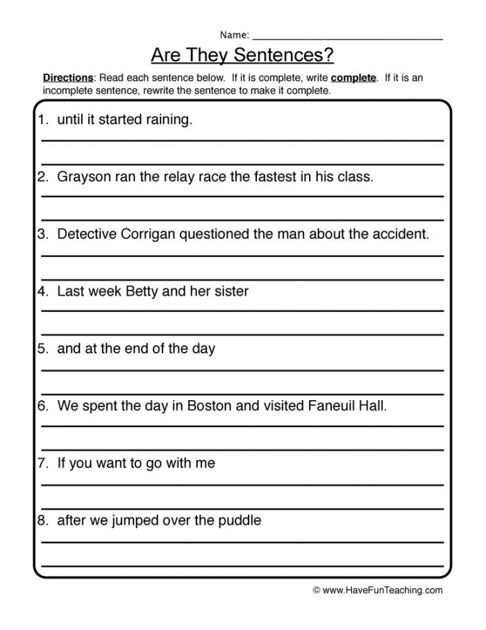 Free Printable Complete Sentences Worksheet 2nd Grade