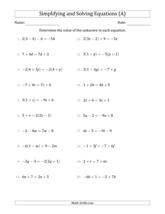 Combining Like Terms And Solving Simple Linear Equations A