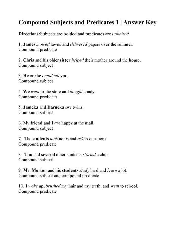 Subject And Predicate Worksheet Answers