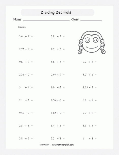 Dividing Decimals By Whole Numbers Worksheet