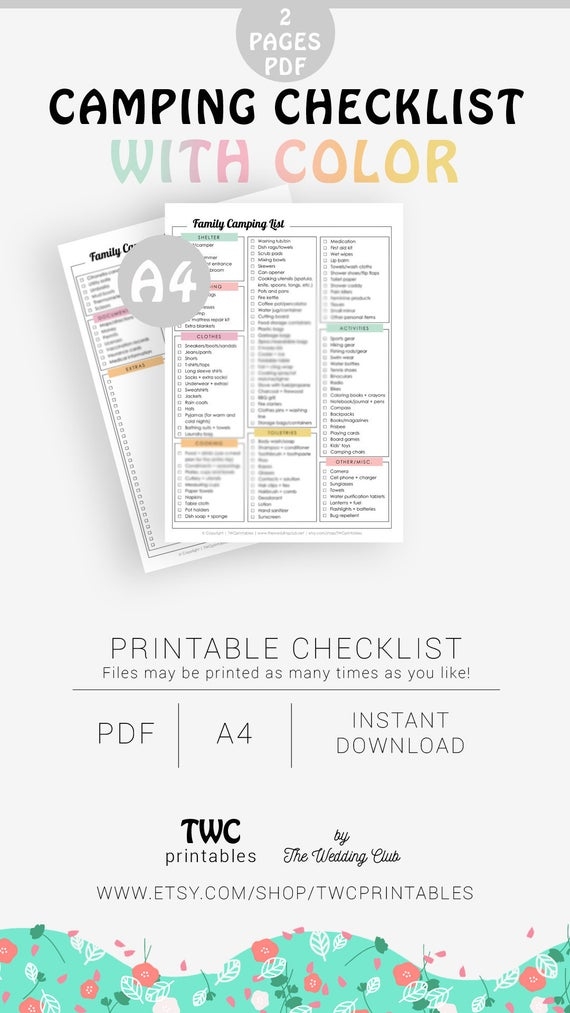 Family Camping Checklist Pastel Color Printable Camping