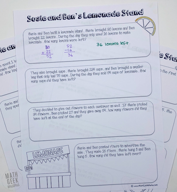 Free Lemonade Stand Word Problems For Grades