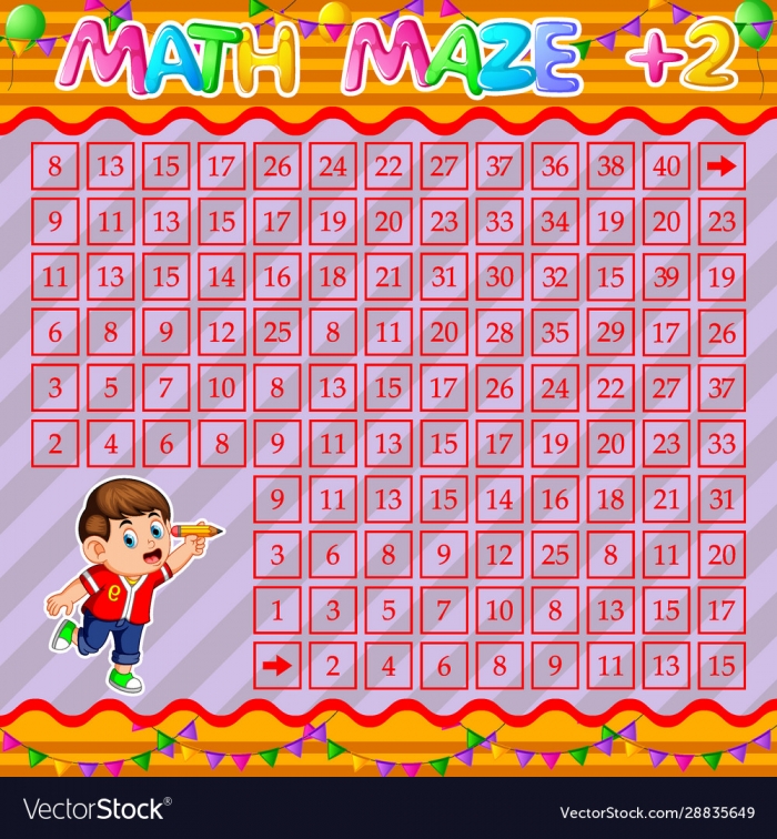 Math Maze Addition Worksheet With Happy Boy Vector Image