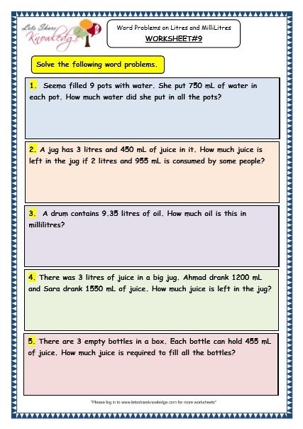 Measurement Word Problems: Liters And Milliliters Worksheets | 99Worksheets