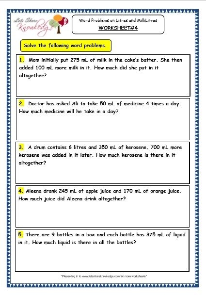 Measurement Word Problems: Liters And Milliliters Worksheets | 99Worksheets