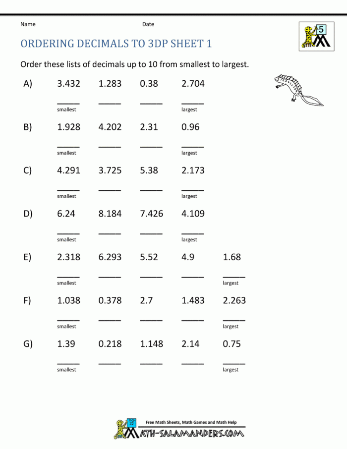 Ordering Decimals Up To Dp