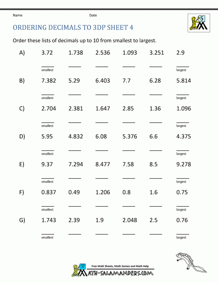 Ordering Decimals Up To Dp