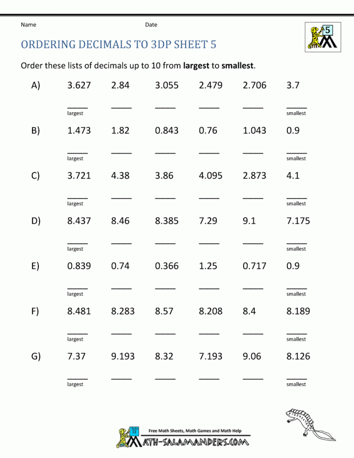 Ordering Decimals Up To Dp