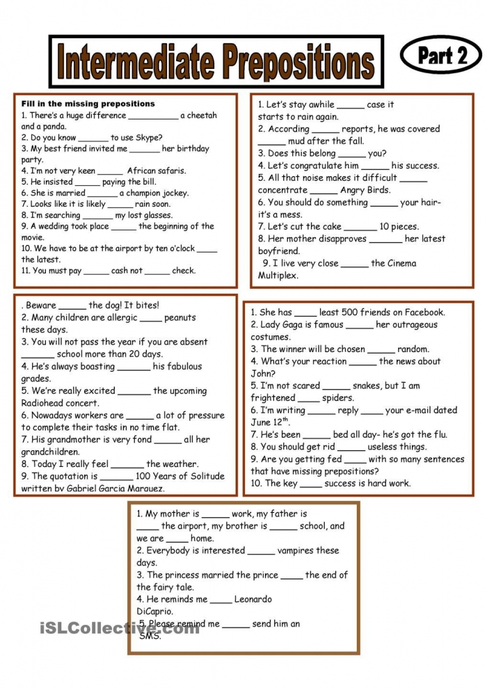 Prepositional Phrases Worksheets For Esl Students