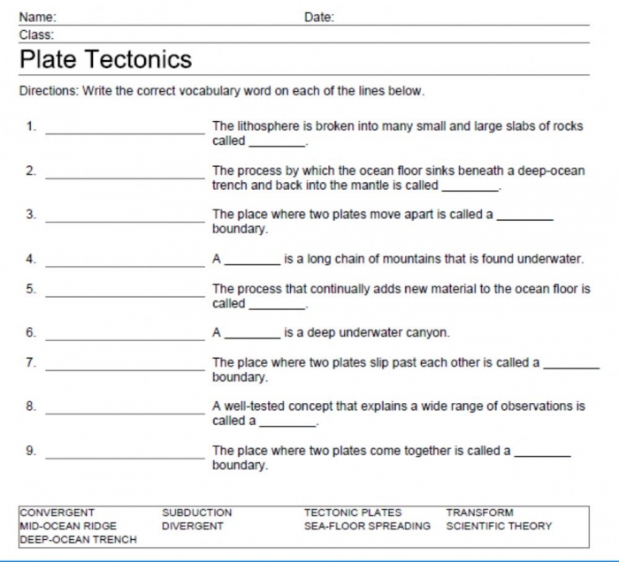 6th grade science worksheets plate tectonics