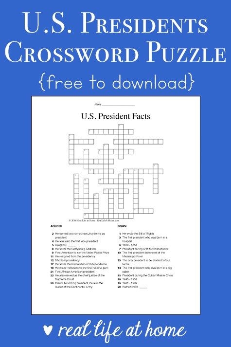 President Facts For Kids Free Us Presidents Crossword Puzzle