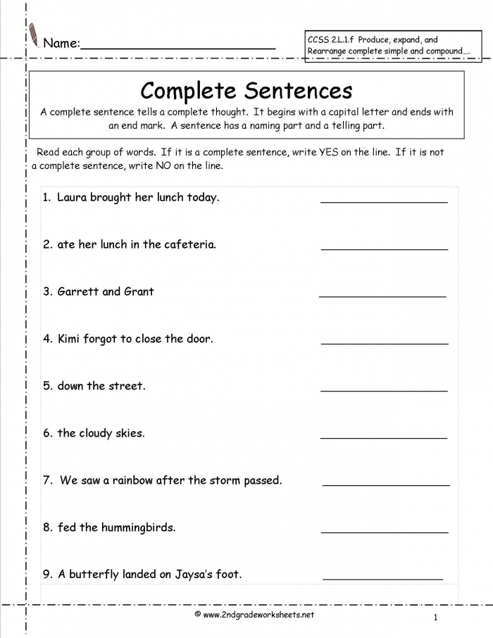 K5 Worksheets On Complete Sentences