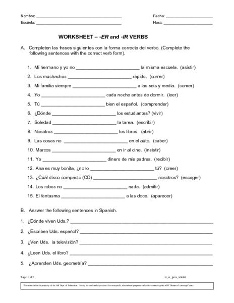 Spanish Verb Conjugation Practice Worksheets