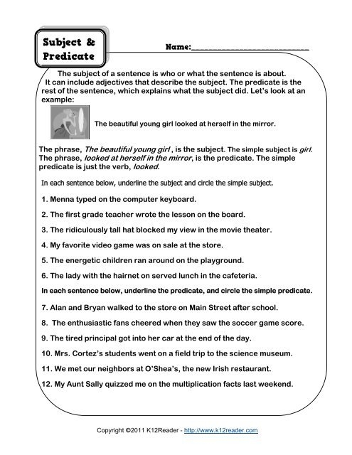 Subject And Predicate Worksheets 3rd Grade Pdf