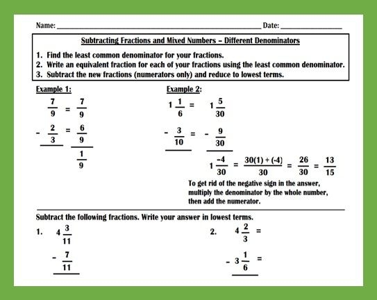Subtracting Fractions And Mixed Numbers Worksheet