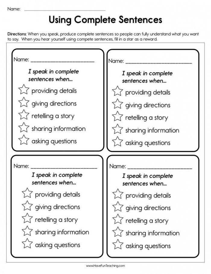 Complete Sentence Writing Worksheets