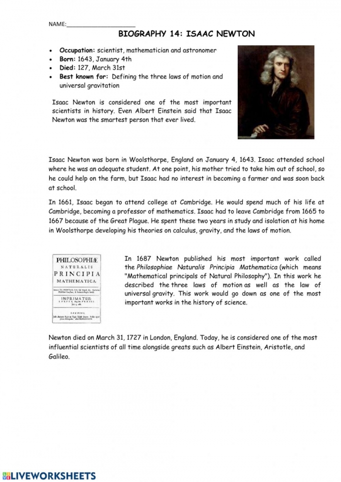 Biography  Isaac Newton Worksheet