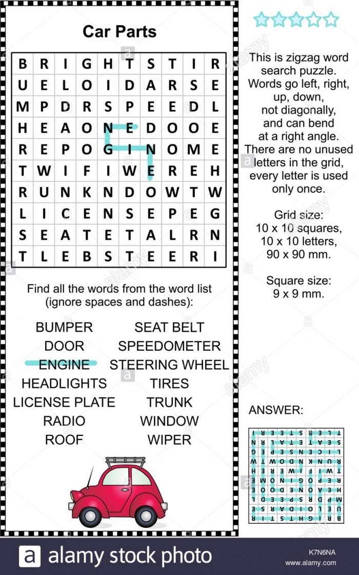 Car Parts Themed Zigzag Word Search Puzzle Suitable Both For Kids