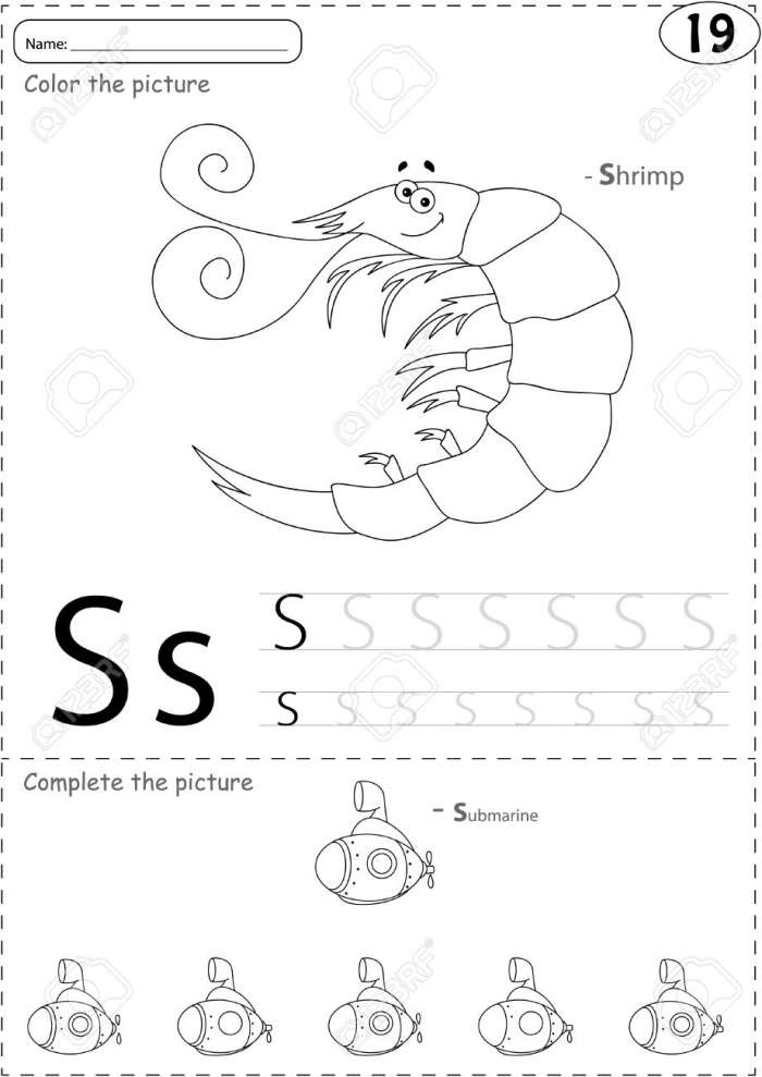 Cartoon Shrimp And Submarine Alphabet Tracing Worksheet Writing