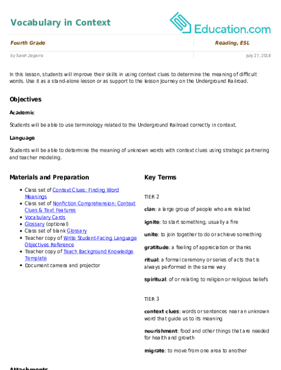 El Support Lesson Vocabulary In Context