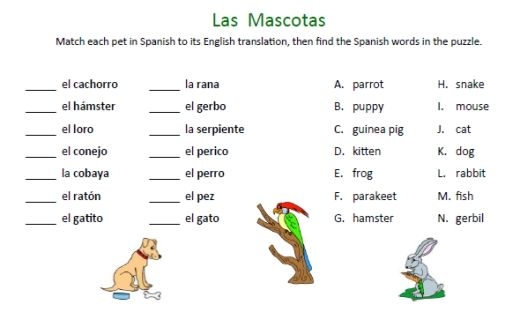 Animals In Spanish: Match-Up Worksheets | 99Worksheets
