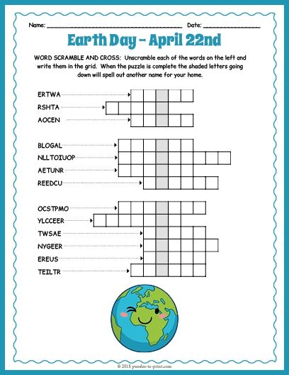 Free Printable Earth Day Word Scramble And Crossword