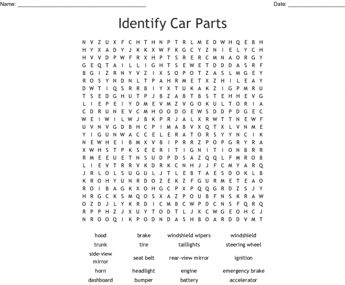 Identify Car Parts Word Search