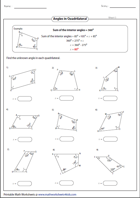 The Missing Angle: Quadrilaterals Worksheets | 99Worksheets
