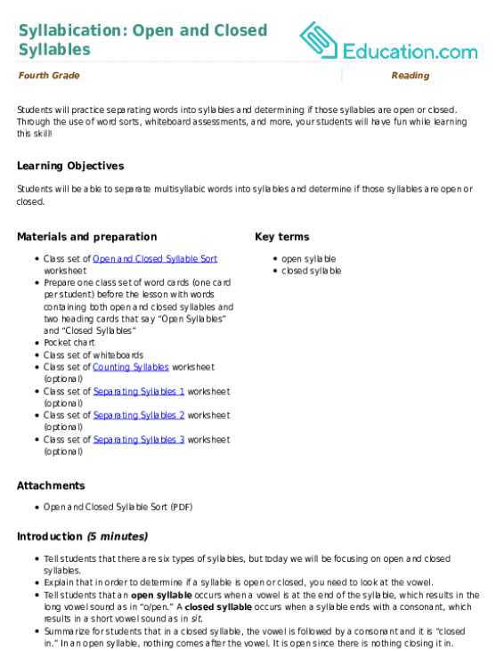 Syllabication Open And Closed Syllables
