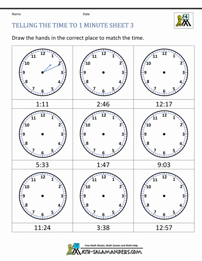 Telling Time Worksheets Grade  To The Nearest Minute