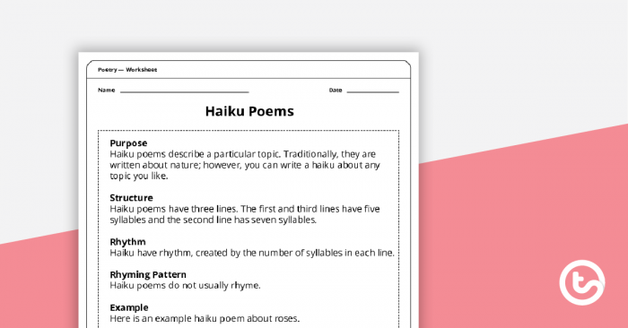 Writing A Haiku Poem Worksheet Teaching Resource
