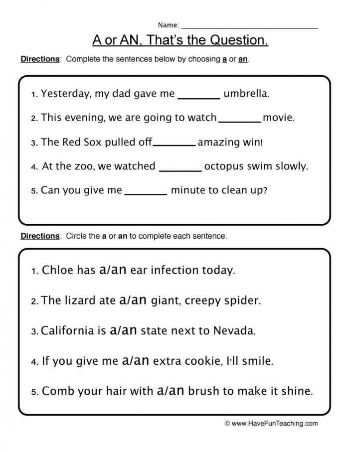 A  An Article Worksheet  Have Fun Teaching