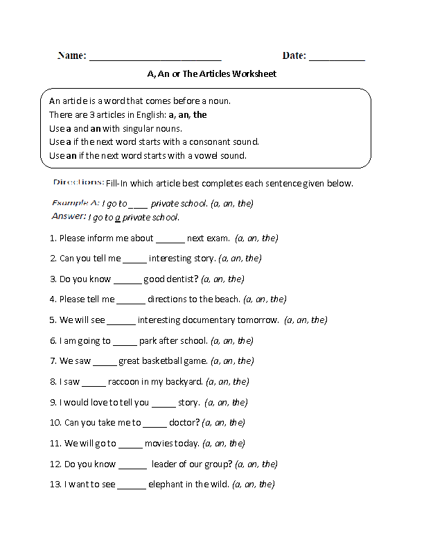 A An Or The Articles Worksheet