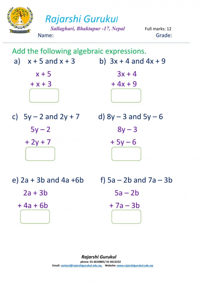 Writing Word Phrases For Algebraic Expressions Worksheets