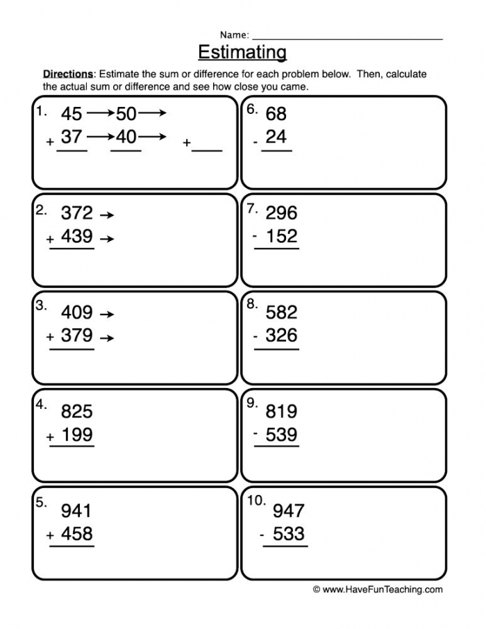 Addsubtract Estimation Worksheet  Have Fun Teaching