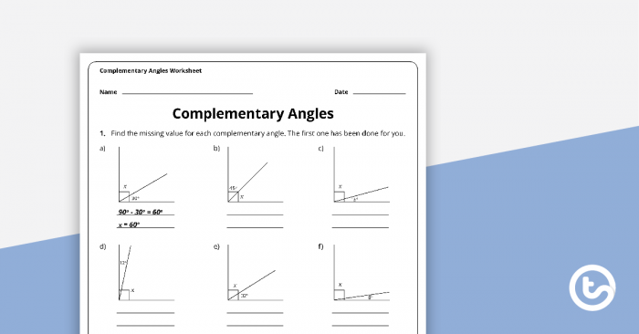 Complementary Angles Worksheet Teaching Resource