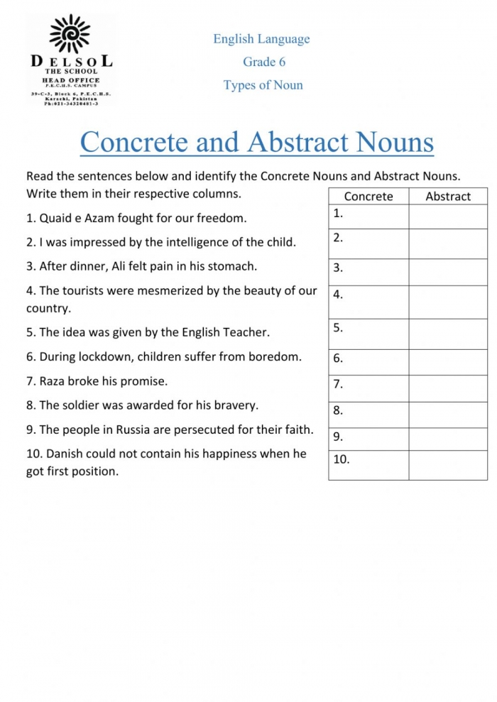 Abstract And Concrete Nouns Worksheet Grade 3