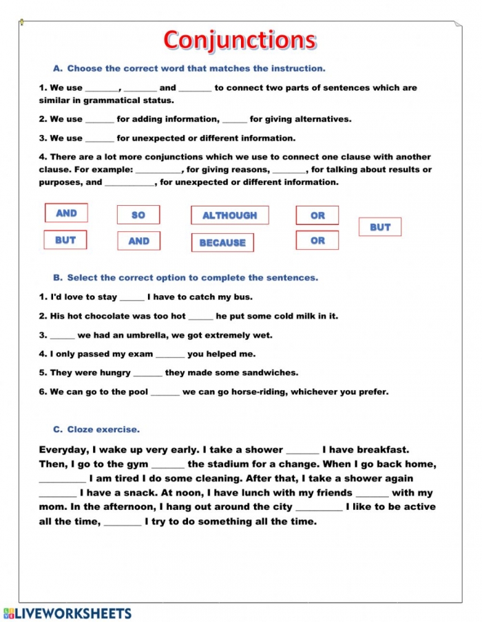 Conjunctions Printable Worksheets