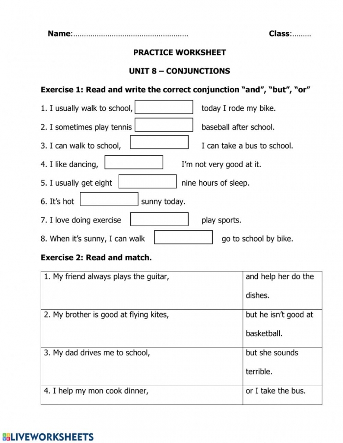 Conjunctions And Or But Worksheet