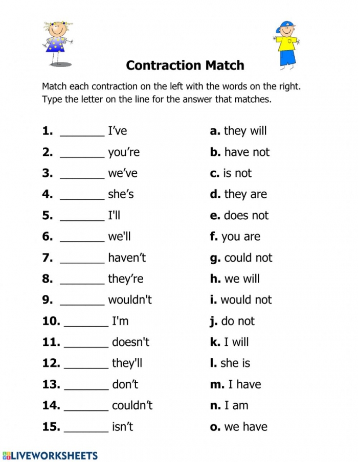 Pronoun Contractions Worksheet 4th Grade