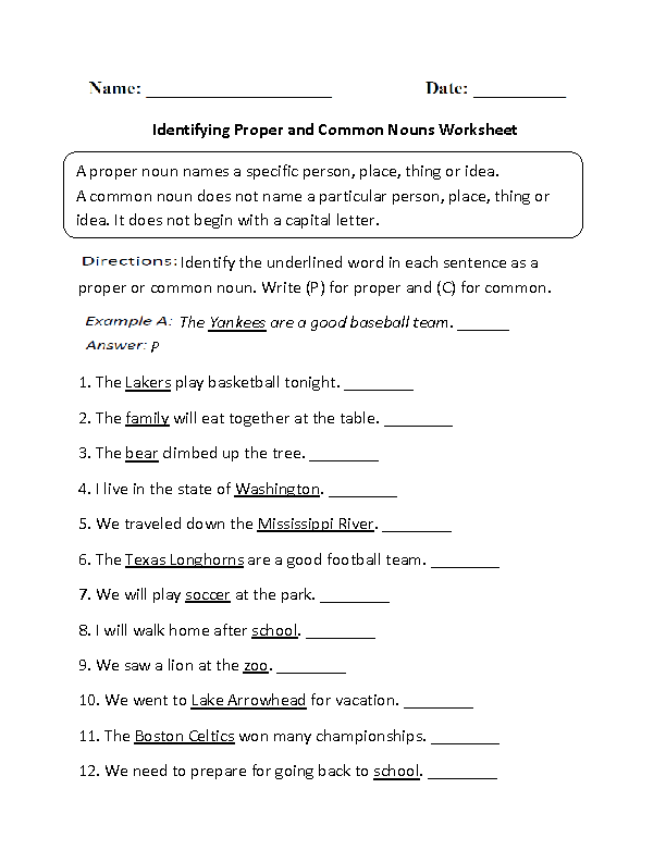 Common Proper Nouns Worksheets Grade 2