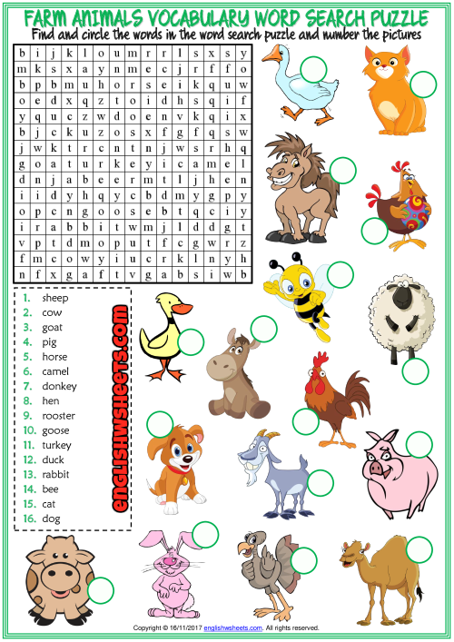 Farm Animals Word Search Puzzle Esl Printable Worksheet