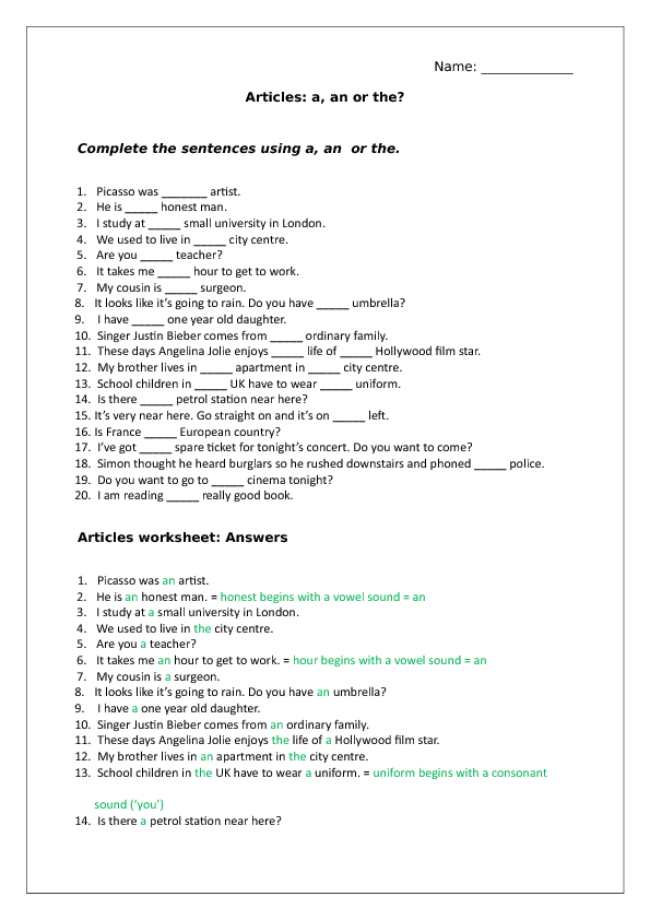 Free Indefinite Article Worksheets