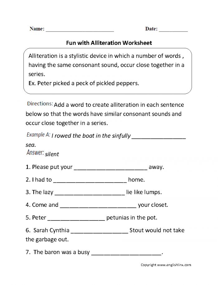 Fun With Alliteration Worksheet
