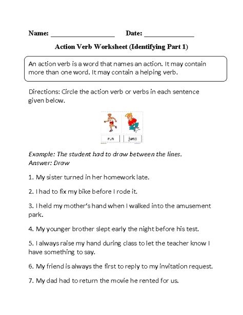 Identifying Action Verbs Worksheet Part