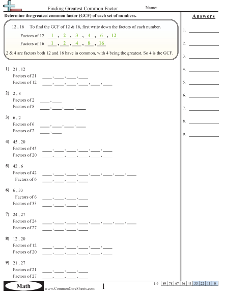 Identifying Greatest Common Factor With Help Worksheet