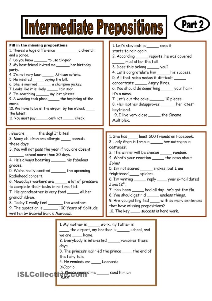 Intermediate Prepositions Part Prepositional Phrases Word Family