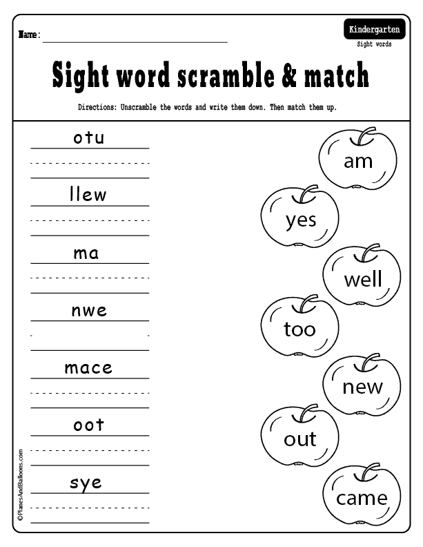 Kindergarten Sight Word Scramble Game Free Printable Activities